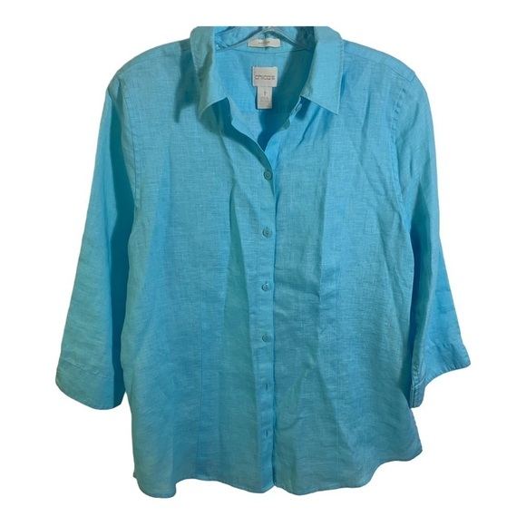 Chico's Turquoise Button Down Linen Lightweight 3/4 Sleeve Spring Blouse - Picture 4 of 9